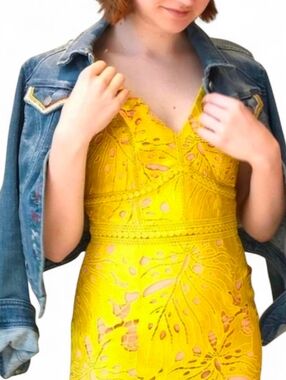 MAEVE / ANTHROPOLOGIE Yellow Pink Gardenia Lace Overlay Sheath Dress - Size 6